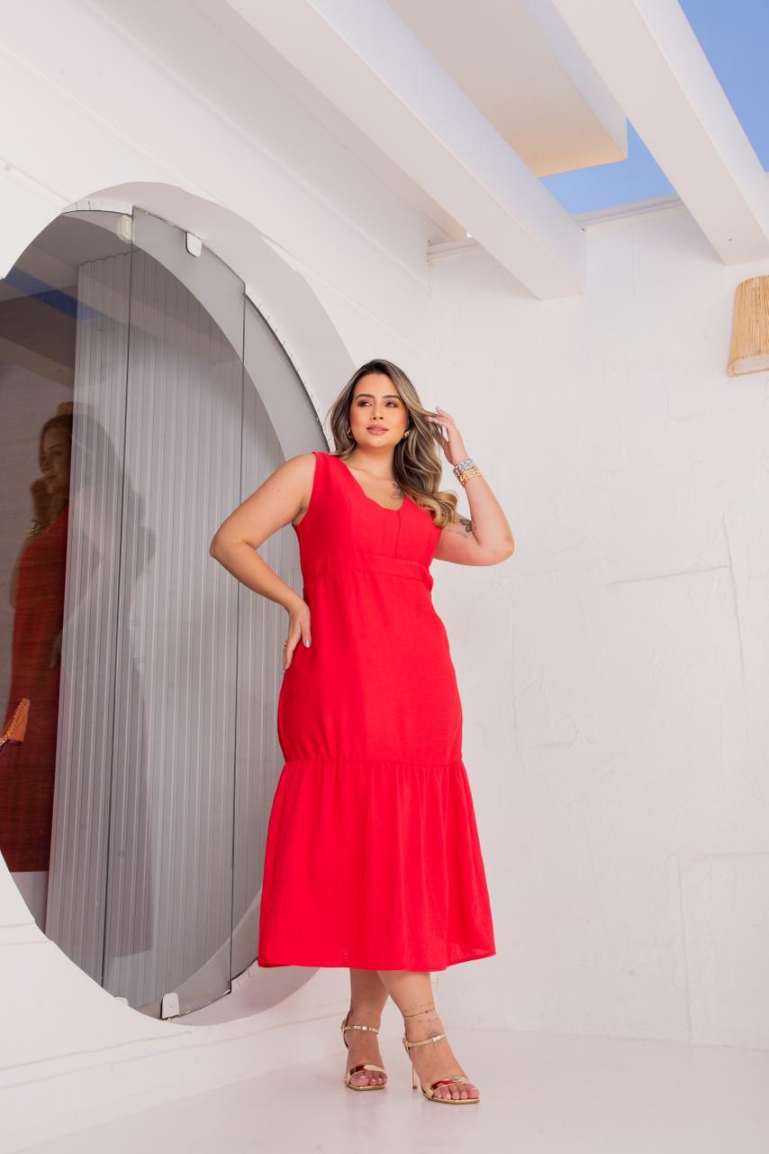 Vestido Midi Aruba Decote Quadrado Plus Size VERMELHO
