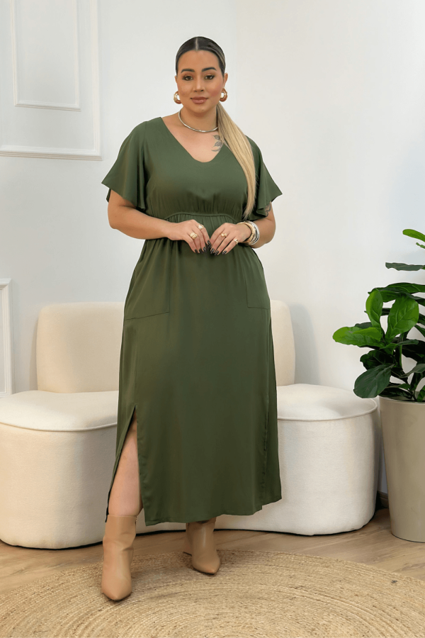 Encontraproduto.com.br - Vestido Midi Viscose Bolso Frontal Plus Size VERDE