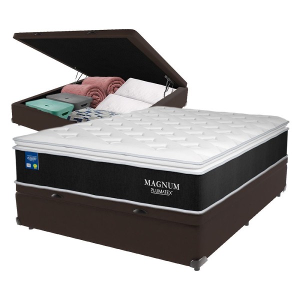 Encontraproduto.com.br - Colchão Magnum Casal Plumatex E Box Com Baú Marrom