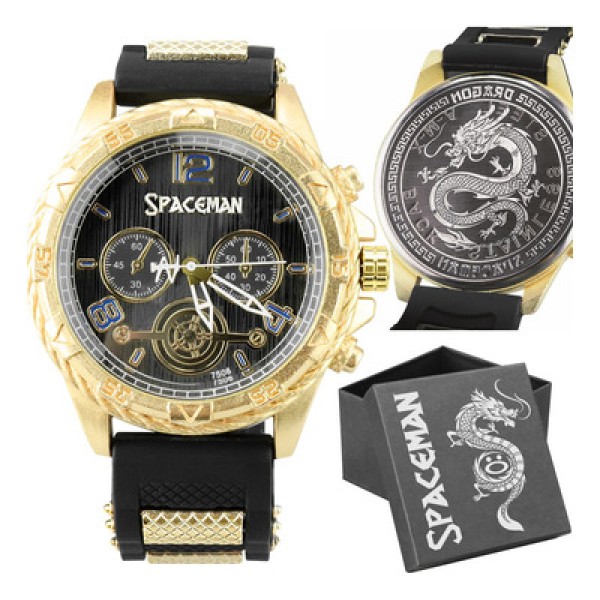 Relogio Original Aço Inox Dourado Masculino Grande + Caixa Casual Social Silicone Dragão