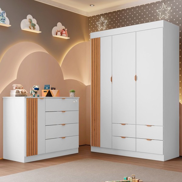 Encontraproduto.com.br - Quarto Infantil Com Guarda Roupa E Cômoda Ayla Branco - Phoenix Baby