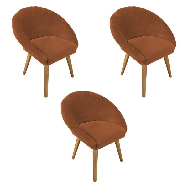 Kit 3 Poltronas Pietra Pés Madeira Maciça Suede Terracota