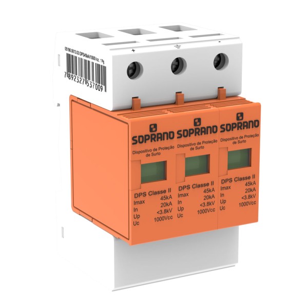 Encontraproduto.com.br - Disjuntor DPS Solar CC 45kA 1000V 3 Polos Classe II - Soprano