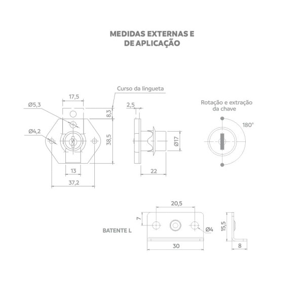 Encontraproduto.com.br - Fechadura para Gaveta 22mm + Batente 0861 1 peça - Soprano