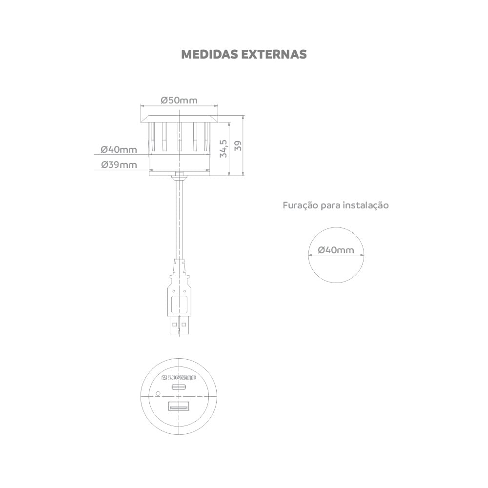 Encontraproduto.com.br - Tomada 1 USB e 1 USB-C de Embutir p/ Móveis Branco - Soprano