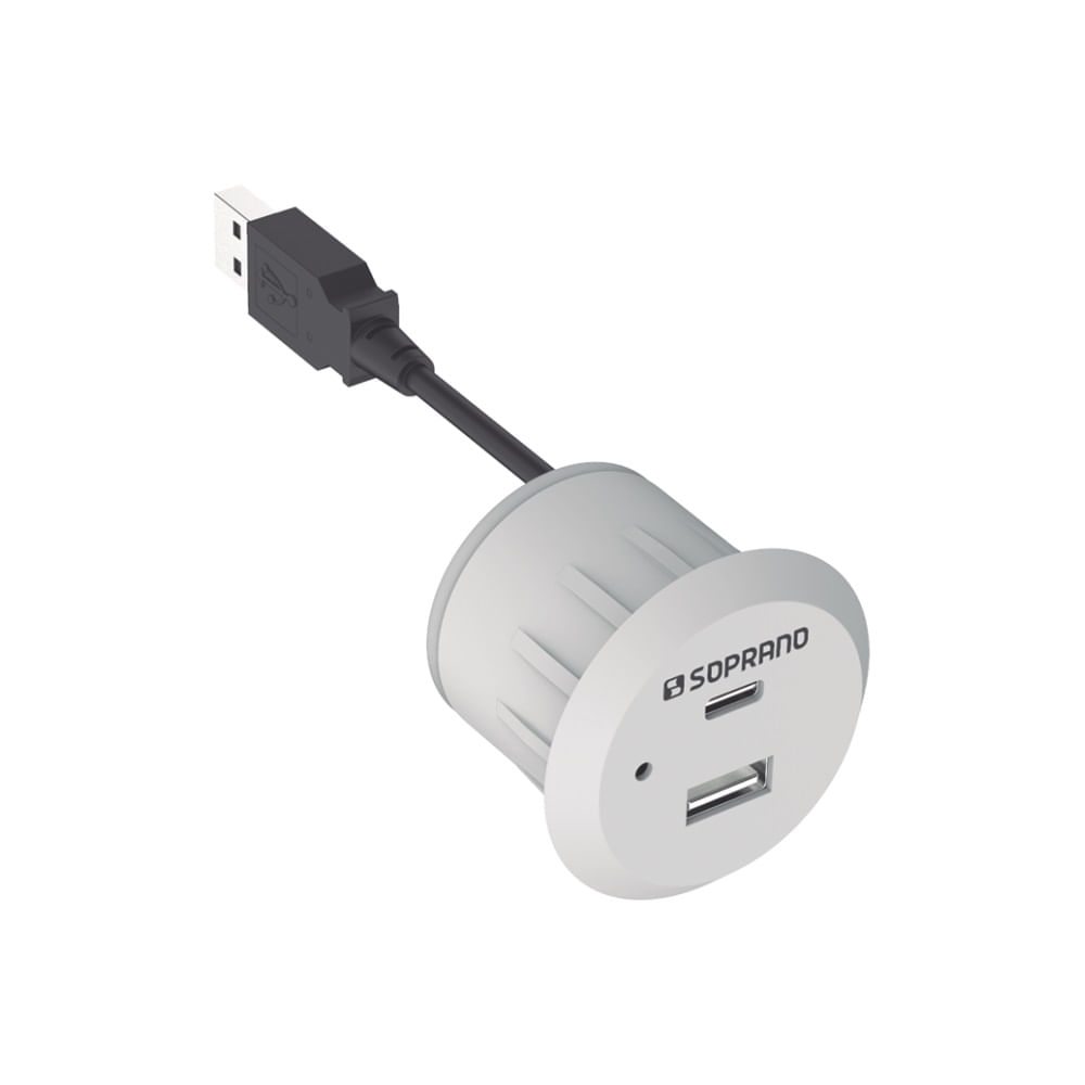 Encontraproduto.com.br - Tomada 1 USB e 1 USB-C de Embutir p/ Móveis Branco - Soprano