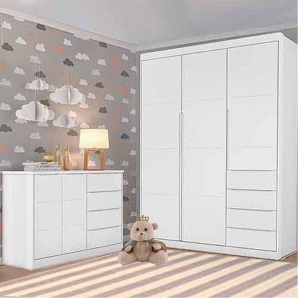 Encontraproduto.com.br - Quarto Infantil Completo Perola Com Guarda Roupa 3 Portas E Cômoda 2 Portas Branca - Phoenix Baby
