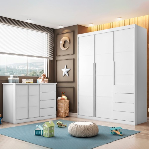 Encontraproduto.com.br - Quarto Infantil Completo Perola Com Guarda Roupa 3 Portas E Cômoda 2 Portas Branca - Phoenix Baby
