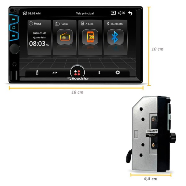 Encontraproduto.com.br - Central Multimídia MP5 2 Din Roadstar RS405BR Plus Tela 7 Espelhamento Bluetooth USB SD AUX