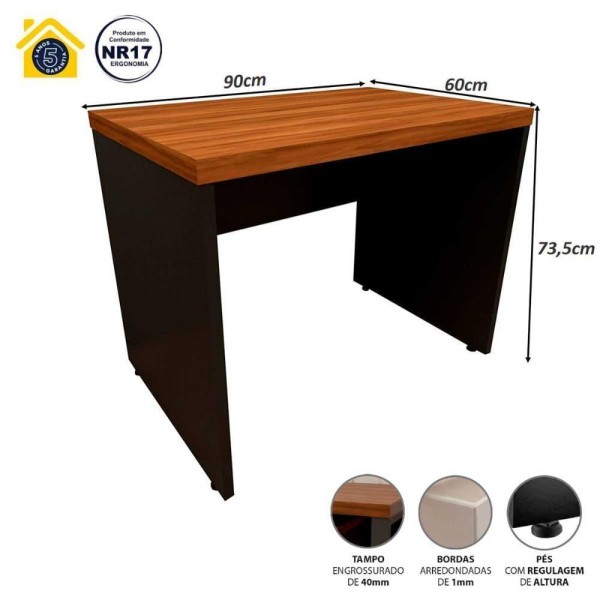 Encontraproduto.com.br - Mesa Para Estudos E Escritório Tampo 40mm 90cm Pés Painel nogal Com Preto Nogal Com Preto