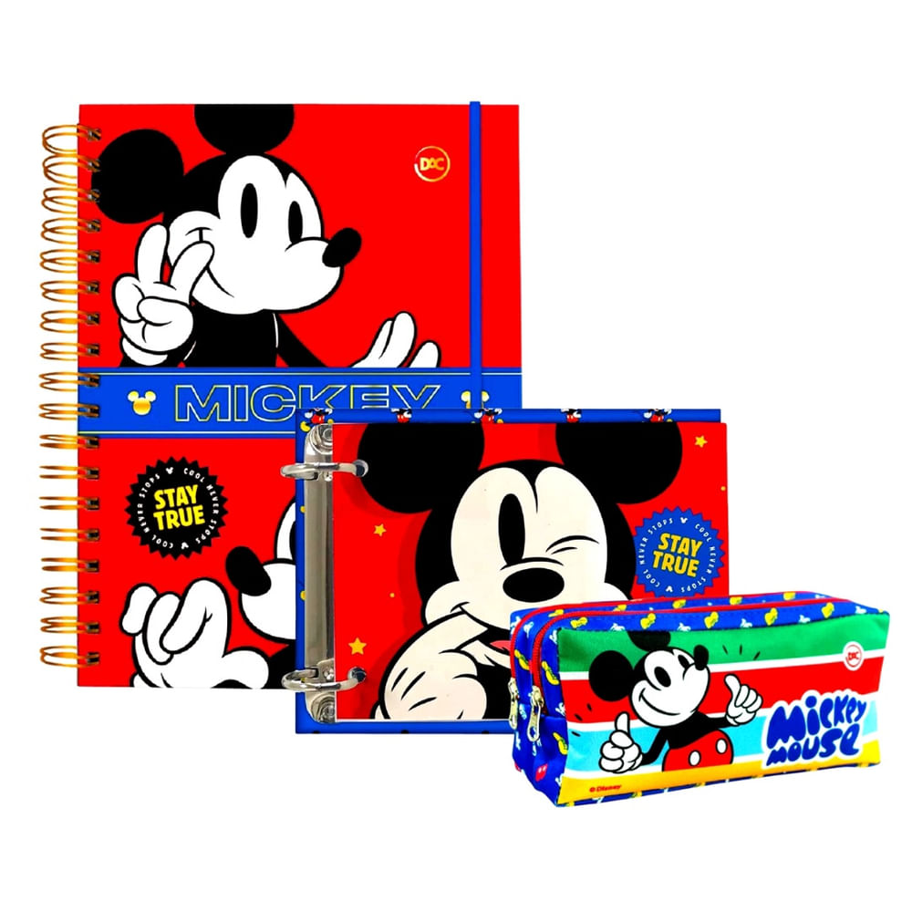 Encontraproduto.com.br - Kit Caderno Inteligente Tira Põe Mini Fichário Estojo Mickey