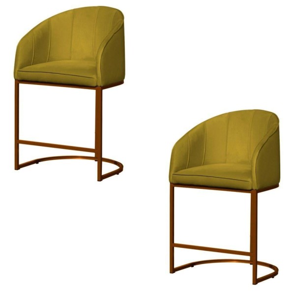 Kit 02 Banco Banqueta Poltrona Mia Base Metal Bronze Veludo