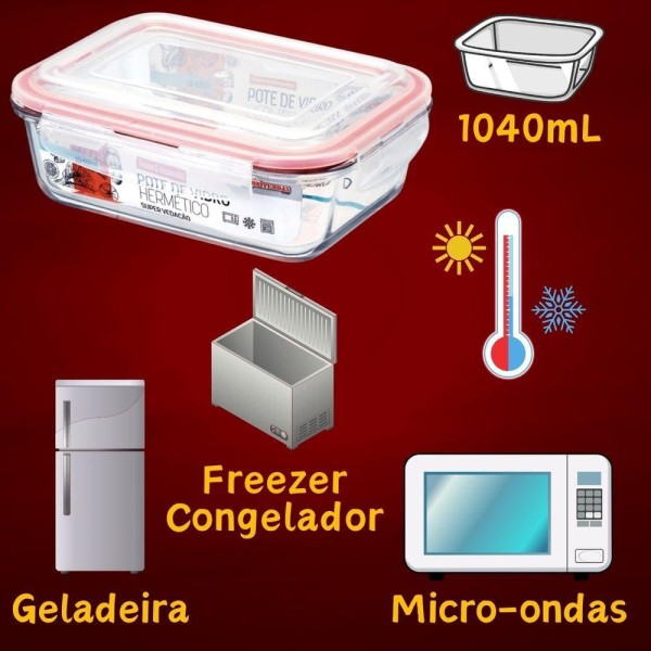 Encontraproduto.com.br - Pote De Vidro Hermético Marmita Com Tampa 1040ml Mantimentos Para Microondas Freezer Congelador Geladeira Guarda Comida