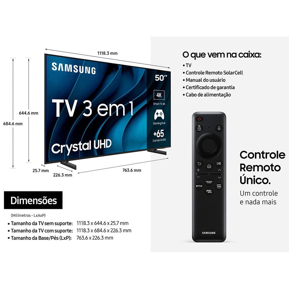 Samsung Smart TV 50 polegadas Crystal UHD 4K 50CU8000 2023, Painel Dynamic Crystal Color, Samsung Gaming Hub, Design AirSlim, Tela sem limites