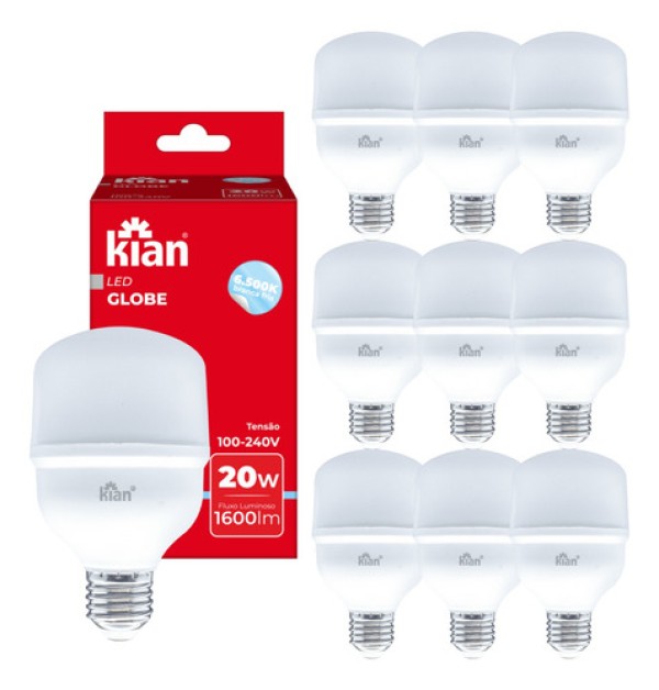 10x Lâmpada Led Globe 20w 6.500k Branco Frio E27 Bivolt Kian