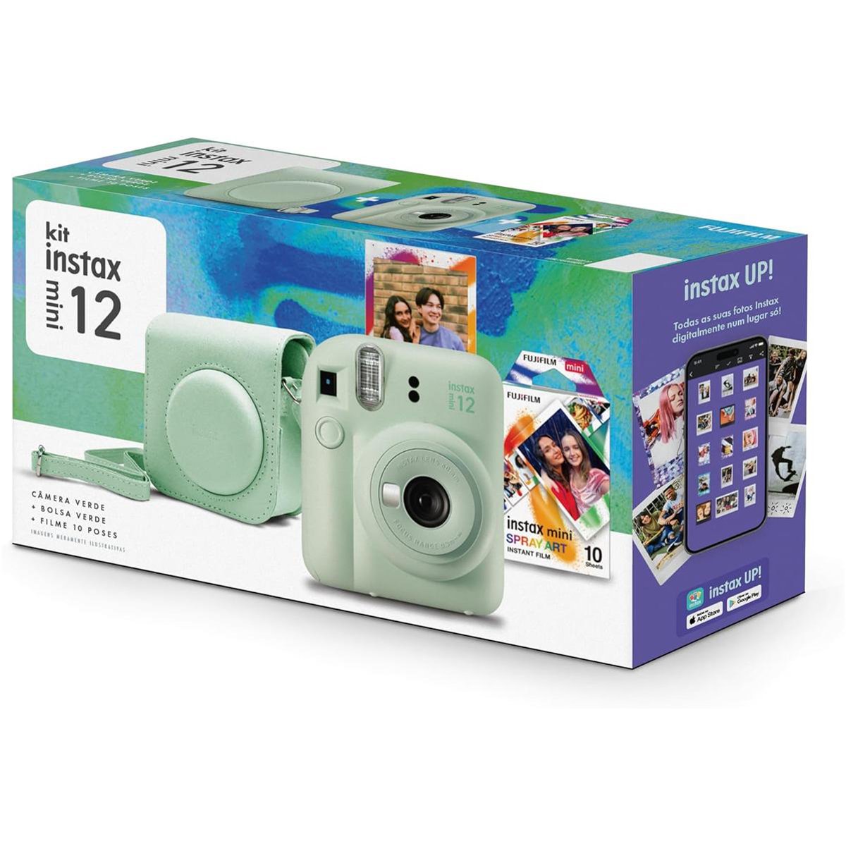 Encontraproduto.com.br - Kit Câmera Instax Mini 12 Verde Spray (MP)