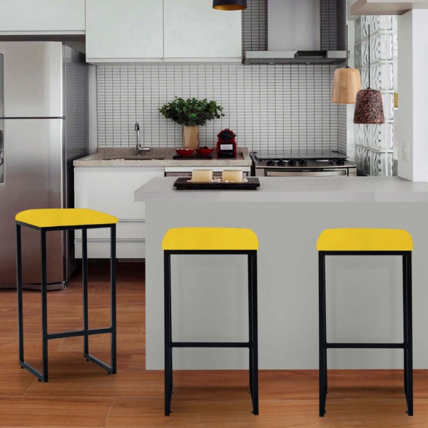 Encontraproduto.com.br - Kit 09 Banqueta Alta Lua Industrial Cozinha Bar Balcão Bistrô Ferro Preto Suede Amarelo - Ahazzo Móveis