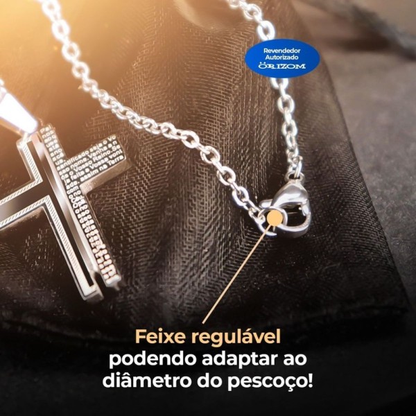 Encontraproduto.com.br - Corrente Prata Aço Original Casual +pingente Cruz Pai Nosso