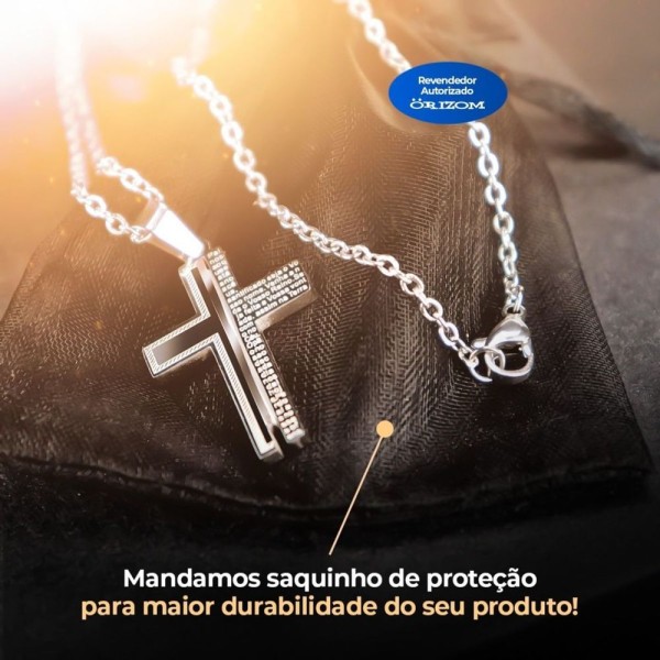 Encontraproduto.com.br - Corrente Prata Aço Original Casual +pingente Cruz Pai Nosso