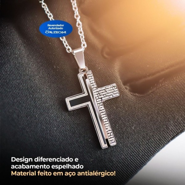 Encontraproduto.com.br - Corrente Prata Aço Original Casual +pingente Cruz Pai Nosso