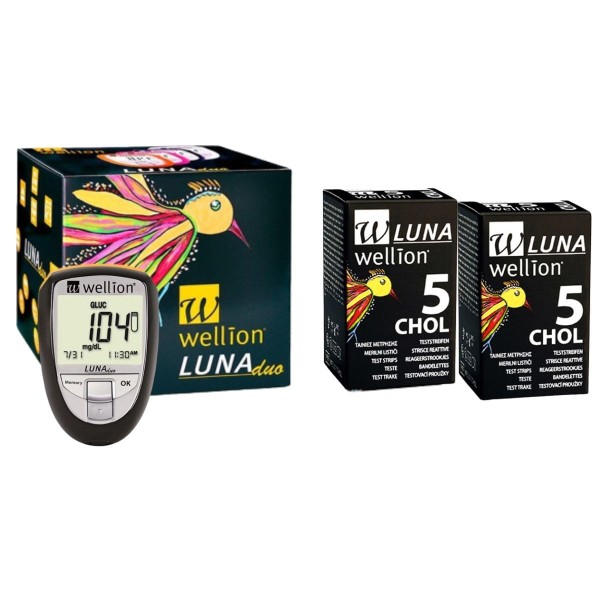 Medidor Colesterol e Glicose Luna Preto + 10 Tiras para Colesterol Wellion
