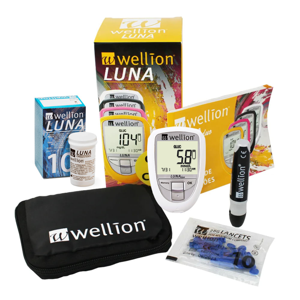 Encontraproduto.com.br - Medidor Colesterol e Glicose Luna Branco + 10 Tiras para Colesterol Wellion