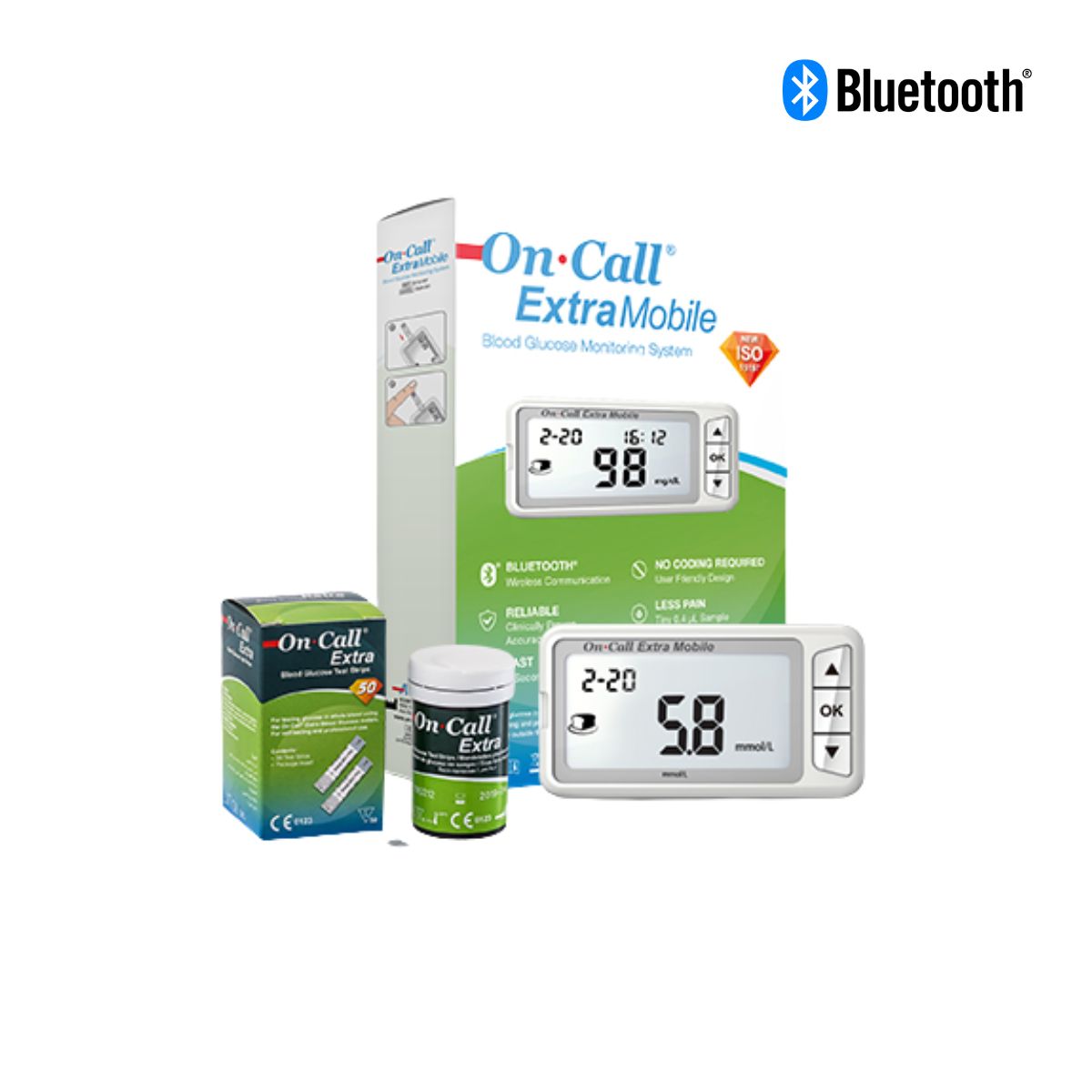Encontraproduto.com.br - Monitor de Glicose Bluetooth + 50 Tiras OnCall Extra Mobile