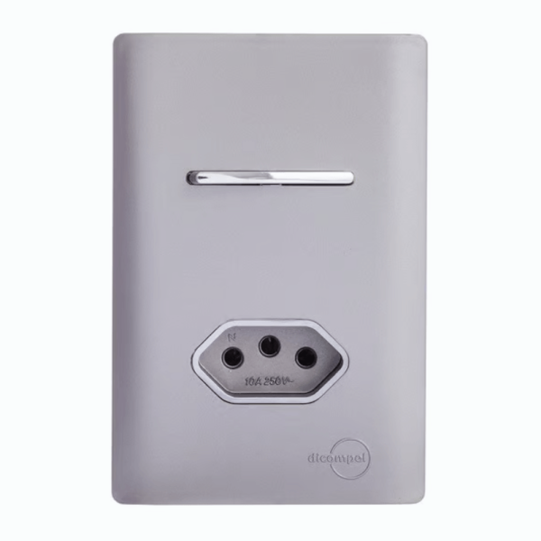 Conjunto Montado 4X2 Para 1 Interruptor Simples + 1 Tomada 10A Aço Cromado Novara AC-1500/19 Dicompel