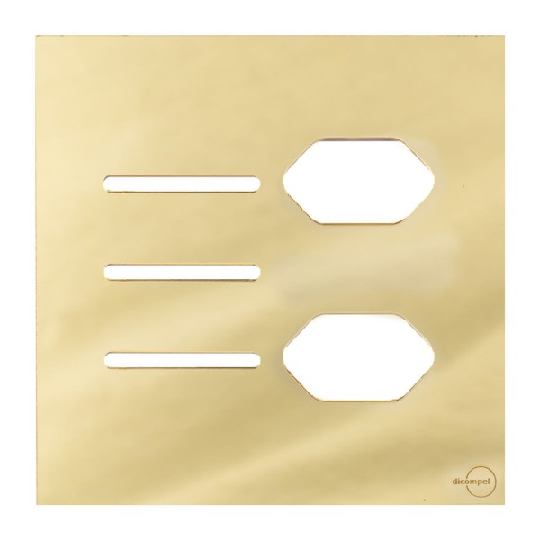 Encontraproduto.com.br - Placa 4X4 Para 3 Interruptores + 2 Tomadas Com Suporte Dourada Novara Glass GD-40000/30 Dicompel