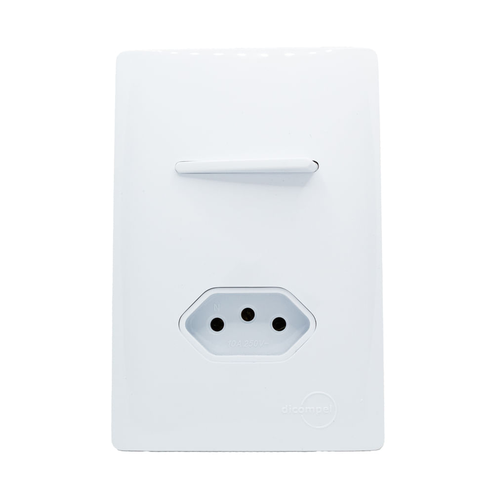 Encontraproduto.com.br - Conjunto Montado 1 Interruptor Simples + 1 Tomada 2P+T 10A Dc-1100/19 Branco Com Placa Branco Novara Dicompel