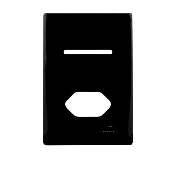 Encontraproduto.com.br - Placa 4X2 Para 1 Interruptor + 1 Tomada Universal 2P + T Com Suporte Preto Brilhante Novara PB-1700/78 Dicompel
