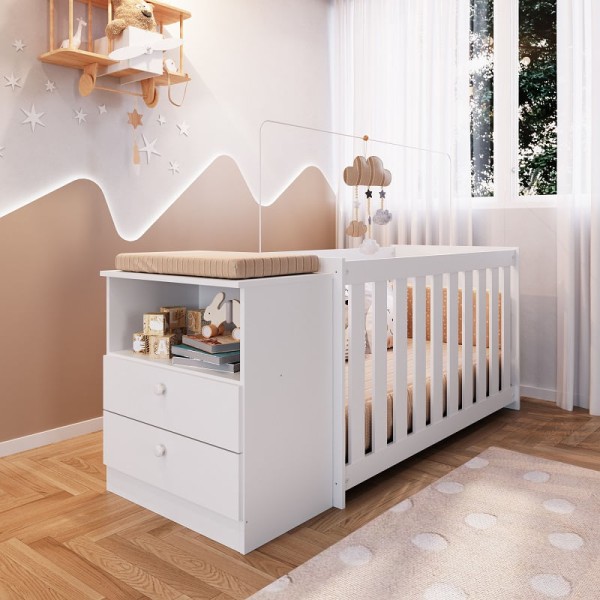 Conjunto Kit Berço com Regulagem e Colchão Cômoda 2 Gavetas e Nicho Branco Aconchego Completa