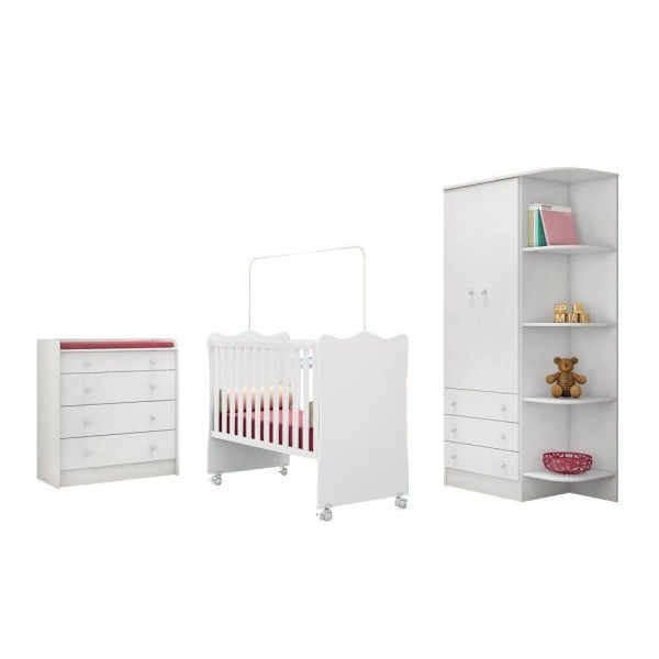 Encontraproduto.com.br - Quarto Infantil C/ Guarda Roupa, Berço E Cômoda Branco