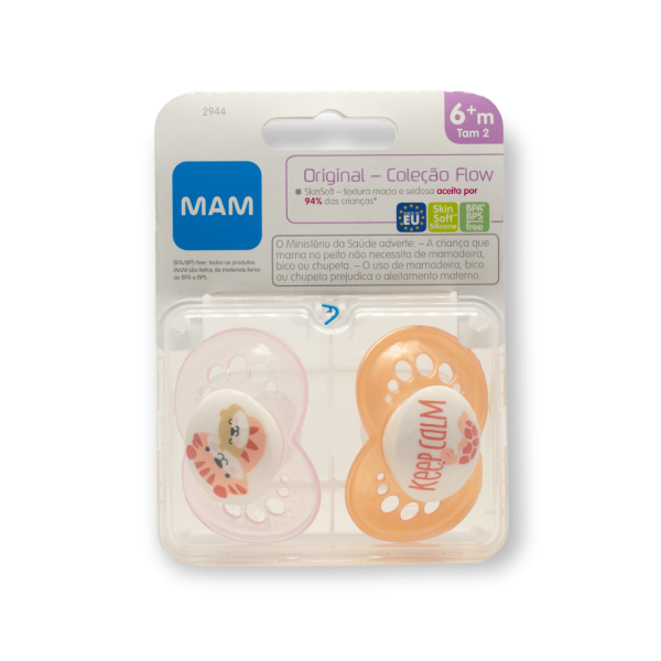 Encontraproduto.com.br - CHUPETA MAM 6 MESES FASE 2 BICO SILICONE SKINSOFT EMBALAGEM DUPLA Cor:Rosa Keep Calm Tigre