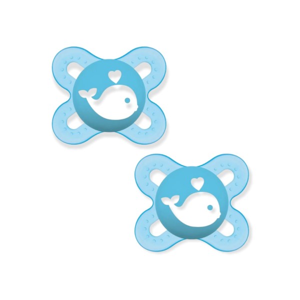 Encontraproduto.com.br - CHUPETA MAM START 0-2 MESES FASE 1 BICO SILICONE SKINSOFT EMBALAGEM DUPLA Cor:Azul Baleia