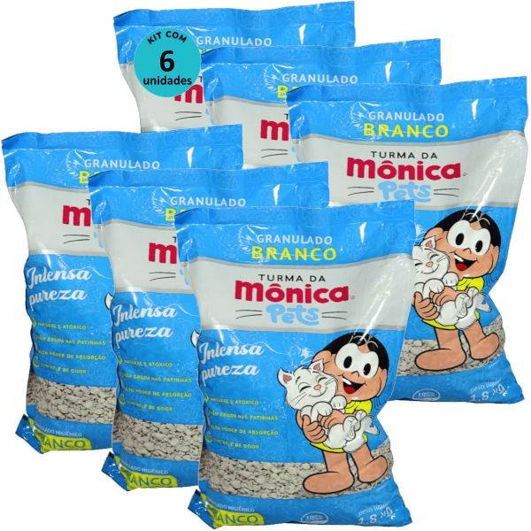 Granulado Sanitário Branco Diatomita Turma da Mônica Pets 1,8kg Para Gatos Kit 6 un