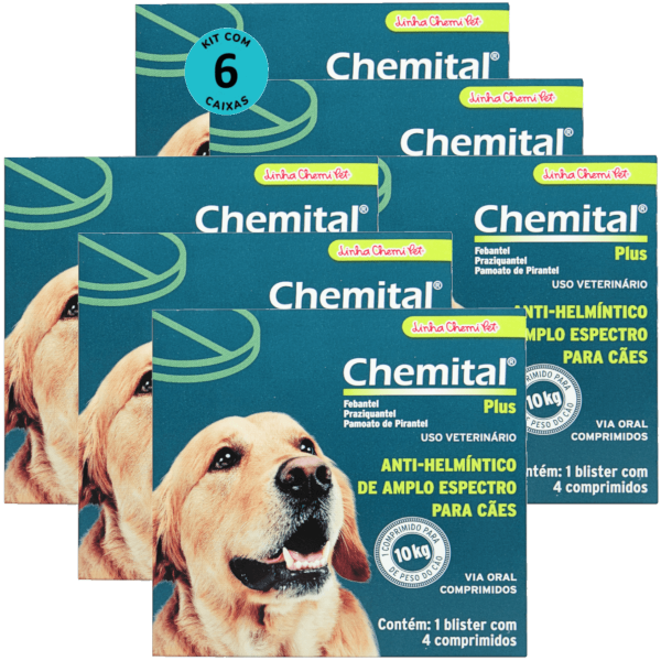 Encontraproduto.com.br - Chemital Plus Com 4 Comprimidos Chemitec Vermífugo Para Cães Kit Com 6 Cx