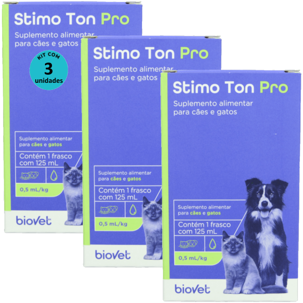 Encontraproduto.com.br - Stimo Ton Pro 125ml Para Cães e Gatos Biovet Kit Com 3