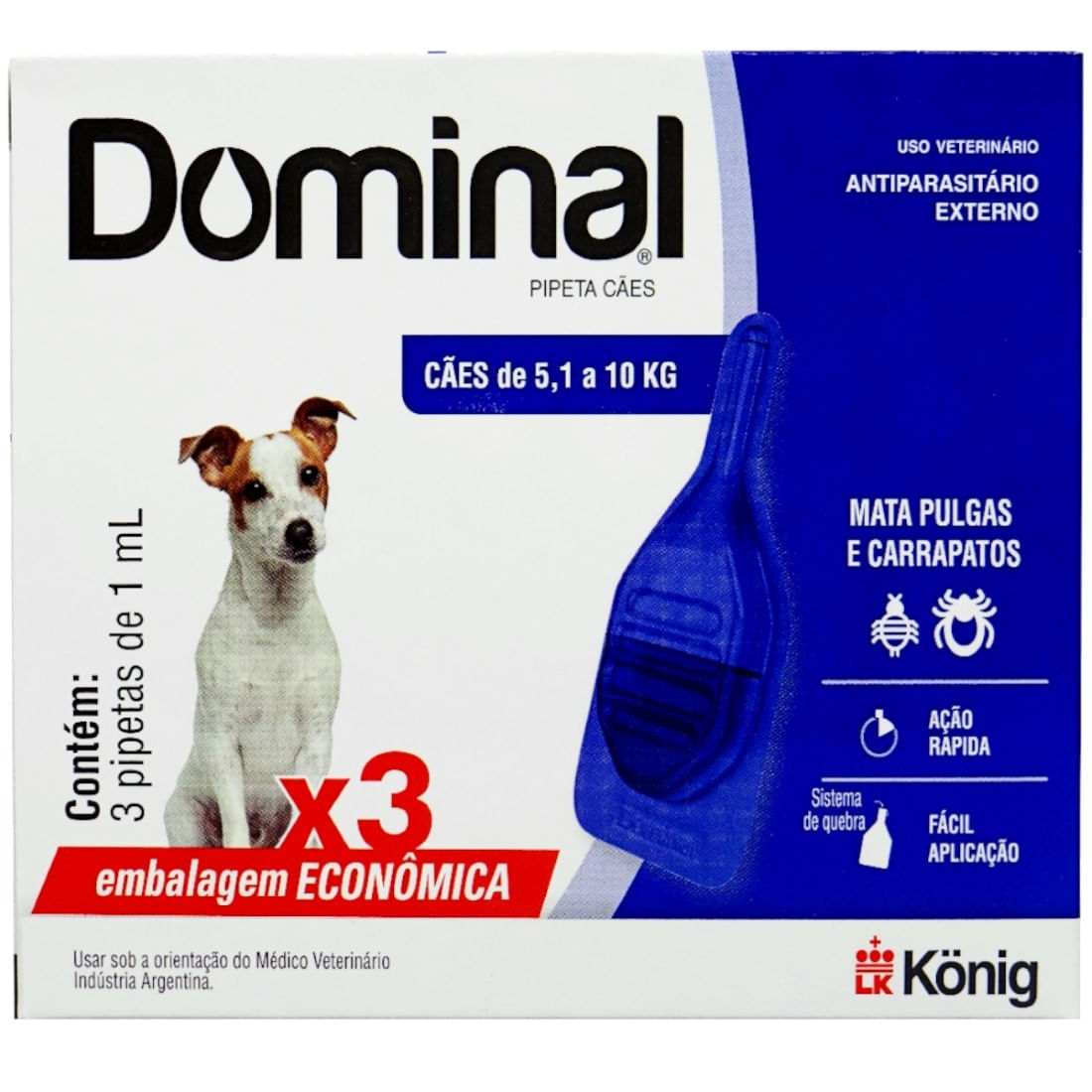 Encontraproduto.com.br - DOMINAL PIPETA PARA CÃES 5,1 A 10KG 1ML AZUL COM 3 UNID. KIT COM 20 CXS
