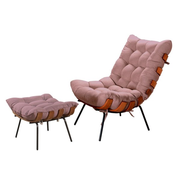 Kit Poltrona Decorativa Costela + Puff Para Sala De Estar Aveludada Rose