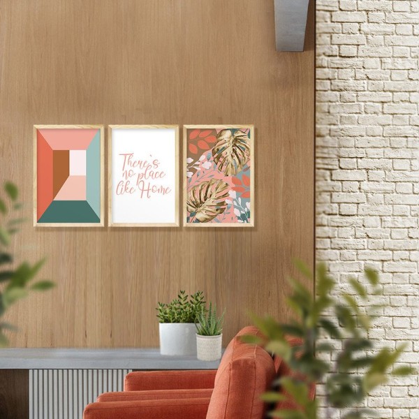Encontraproduto.com.br - Kit 3 Quadros Decorativos Frase Lar Folhas Gold e Tons Pasteis
