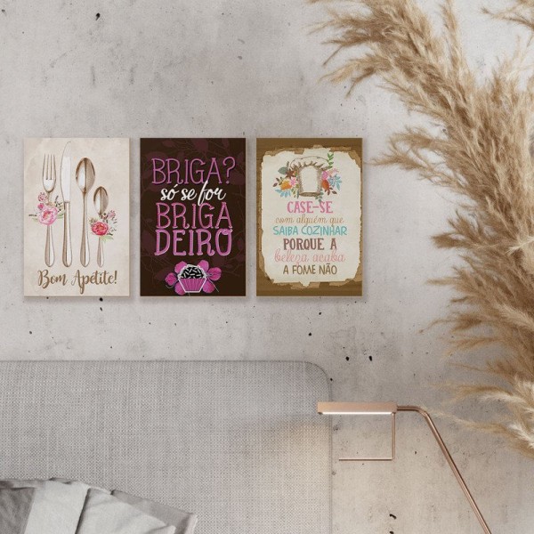 Encontraproduto.com.br - Kit 3 Quadros para Decoração Frases Cozinha Casamento Flores Bom Apetite