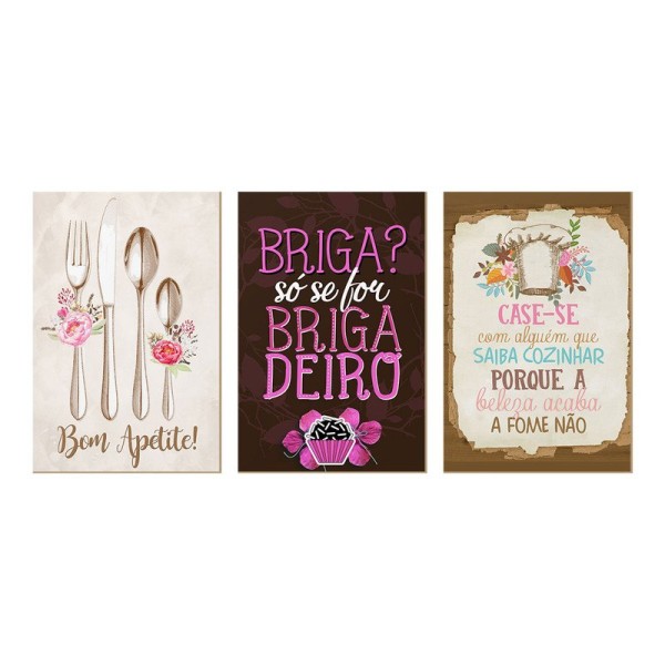 Encontraproduto.com.br - Kit 3 Quadros para Decoração Frases Cozinha Casamento Flores Bom Apetite