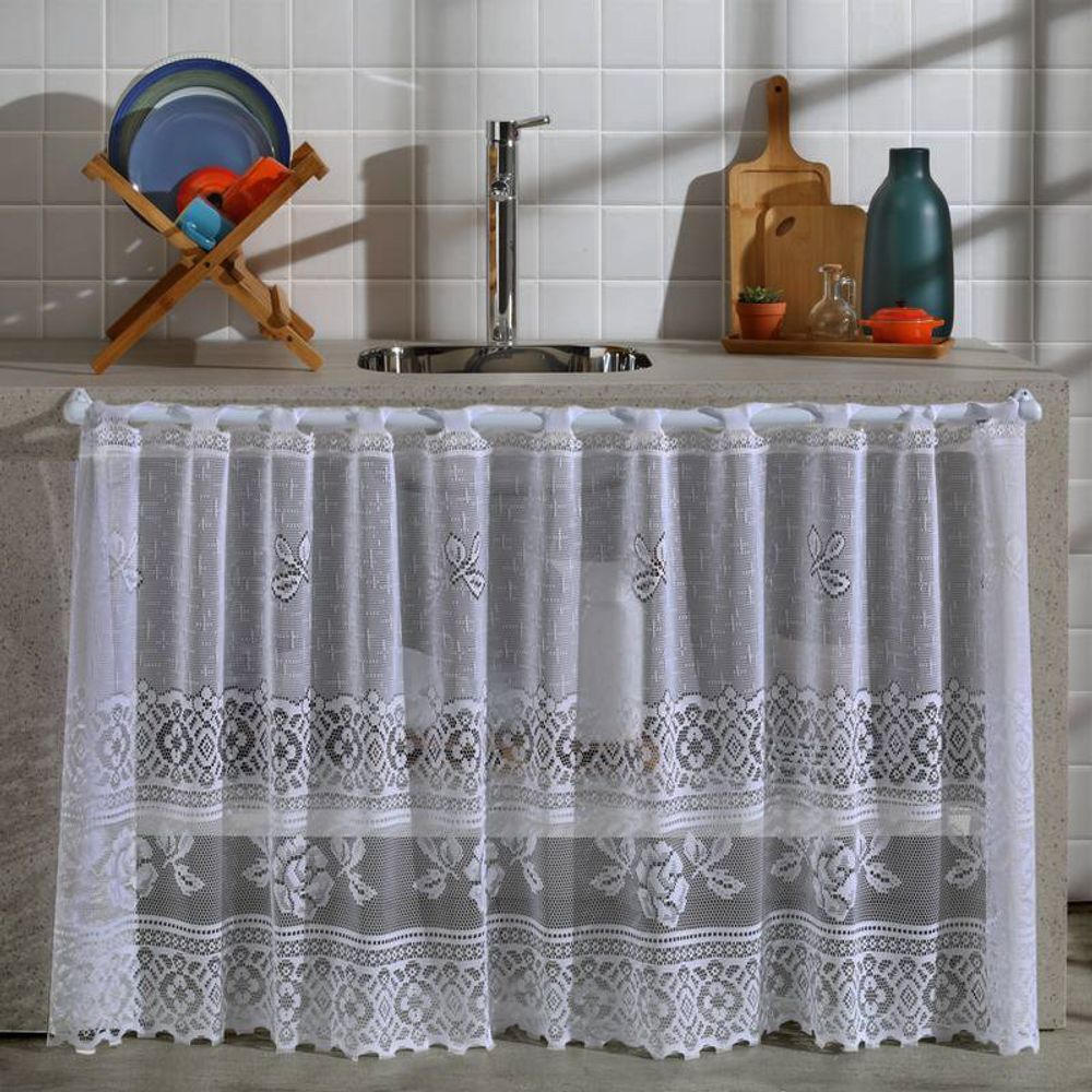 Cortina Interlar de Renda para Cozinha Valencia 200mx80cm Branco