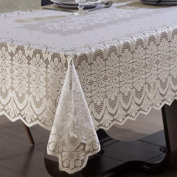 Encontraproduto.com.br - Toalha Mesa Retangular Renda Interlar Clássica Marfim Arabesco 8 Lugares
