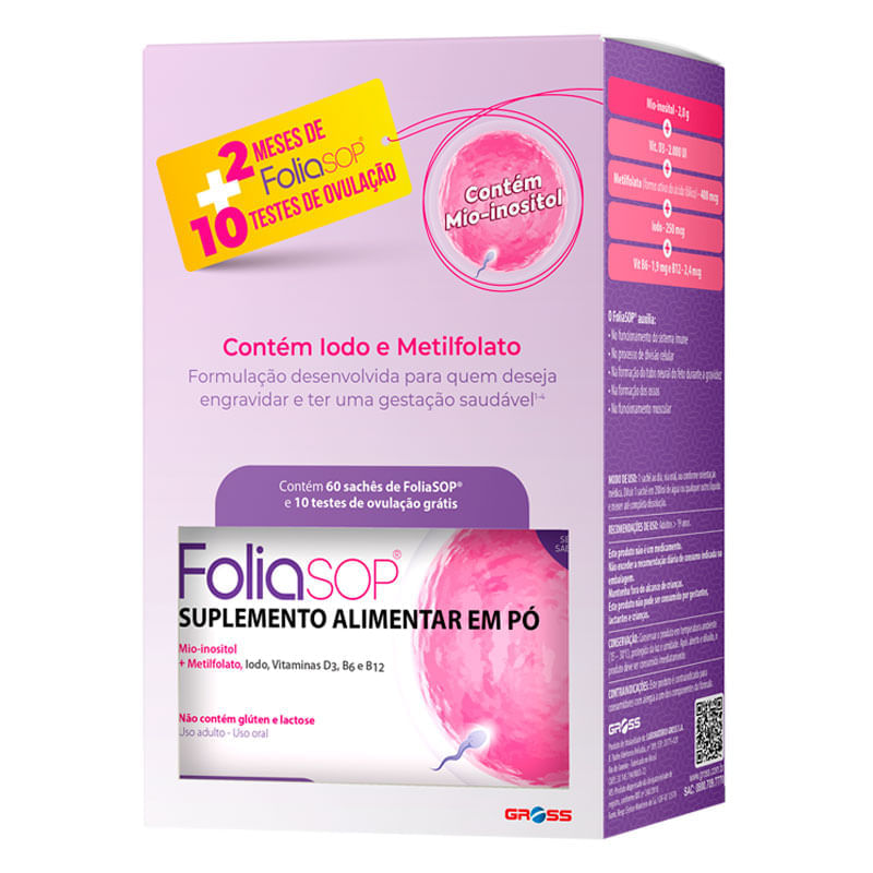 Kit Suplemento Alimentar Foliasop 60 Sachês + 10 Testes de Ovulação