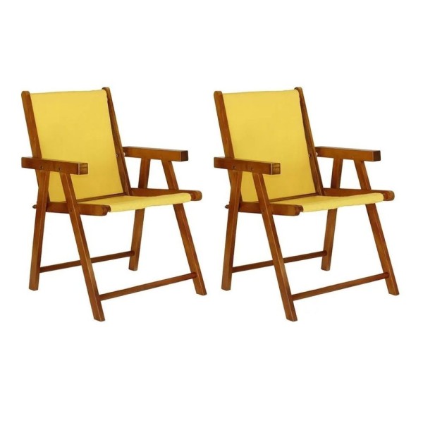 Encontraproduto.com.br - Kit 2 Cadeiras Praia Dobrável Em Madeira Maciça Envernizada Com Tecido Amarelo