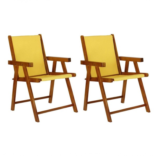 Encontraproduto.com.br - Kit 2 Cadeiras Praia Dobrável Em Madeira Maciça Envernizada Com Tecido Amarelo