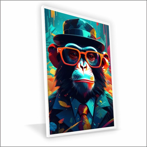 Encontraproduto.com.br - Quadro Macaco De Chapéu Canvas Com Vidro Tamanho Moldura 40x30 Caixa Branca