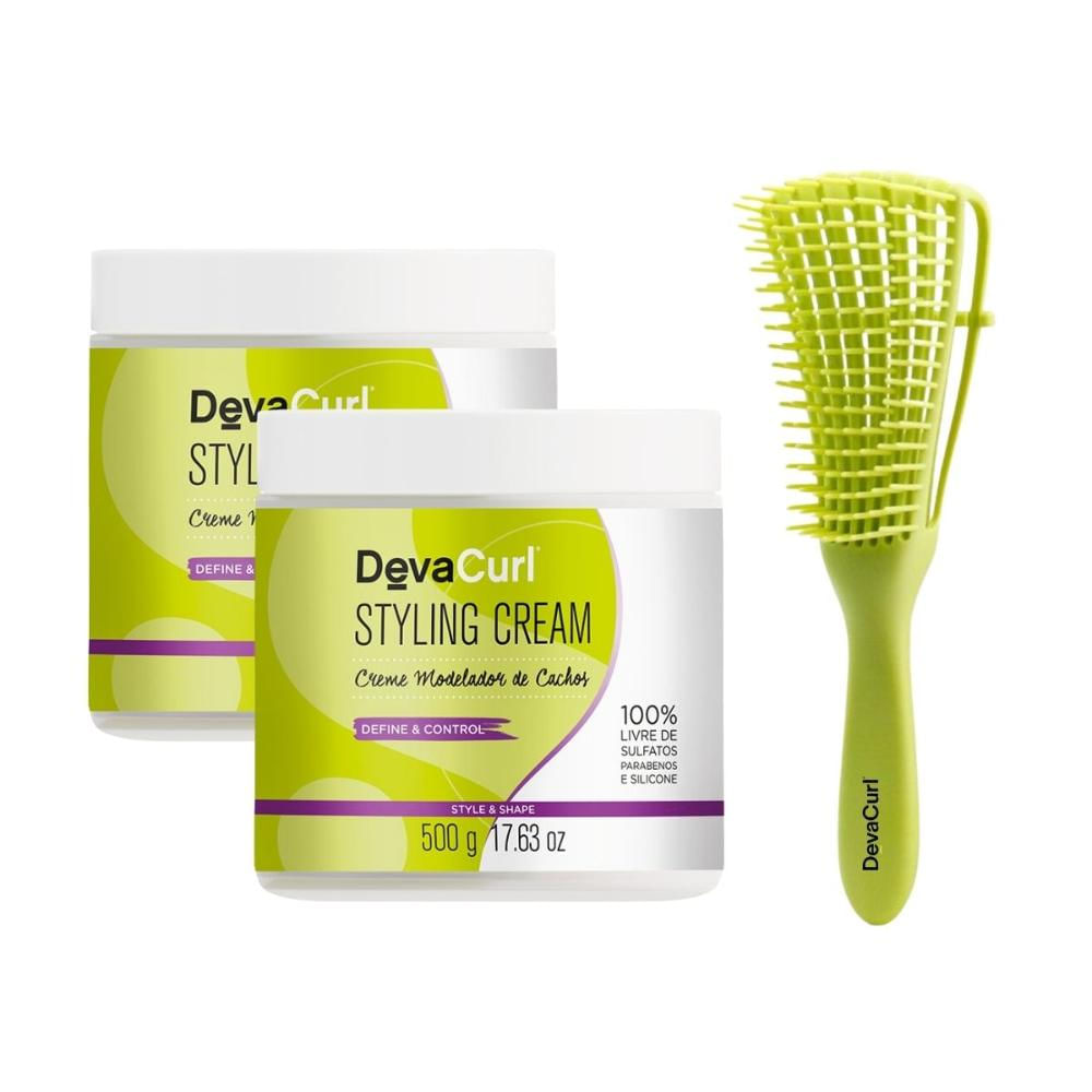 Encontraproduto.com.br - Kit Deva Curls Duo Styling Cream Creme Modelador de Cachos 500g + Escova